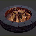 Circular Stone Fire Pit With Burning Wood Logs And Metal Fire Ring
