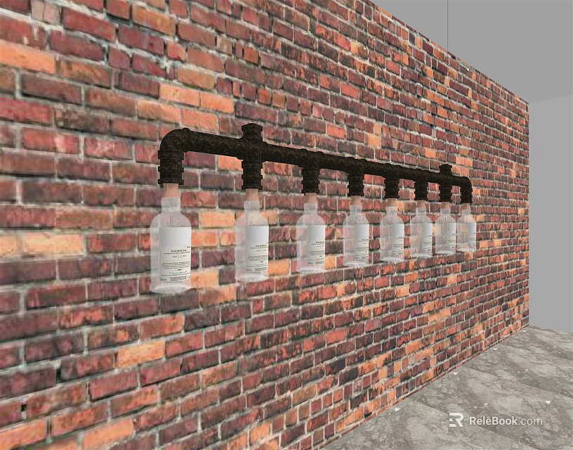 Industrial Rustic Chandelier With Black Pipe Frame And Glass Bottles On Brick Wall 3d model 