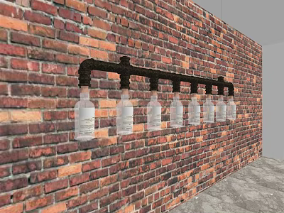 Industrial Rustic Chandelier With Black Pipe Frame And Glass Bottles On Brick Wall 3d model