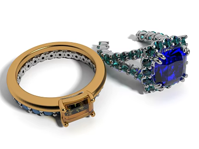 Elegant Gold Rings With Square Blue Gemstone Encrusted Green Stones Small Diamonds Exquisite Design 3d model