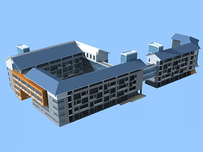 Modern School Building With Blue Roof White Walls And Connected Classrooms 3d model