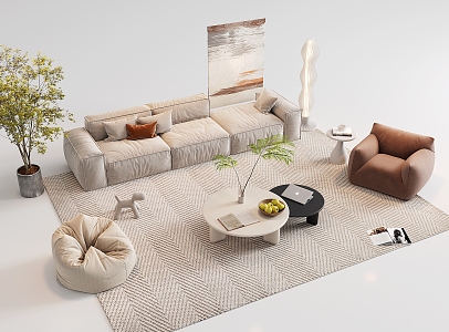 Modern Simple Sofa Coffee Table Combination Single Sofa Lazy Sofa Decorative Painting Green Plant Pot Carpet 3d model