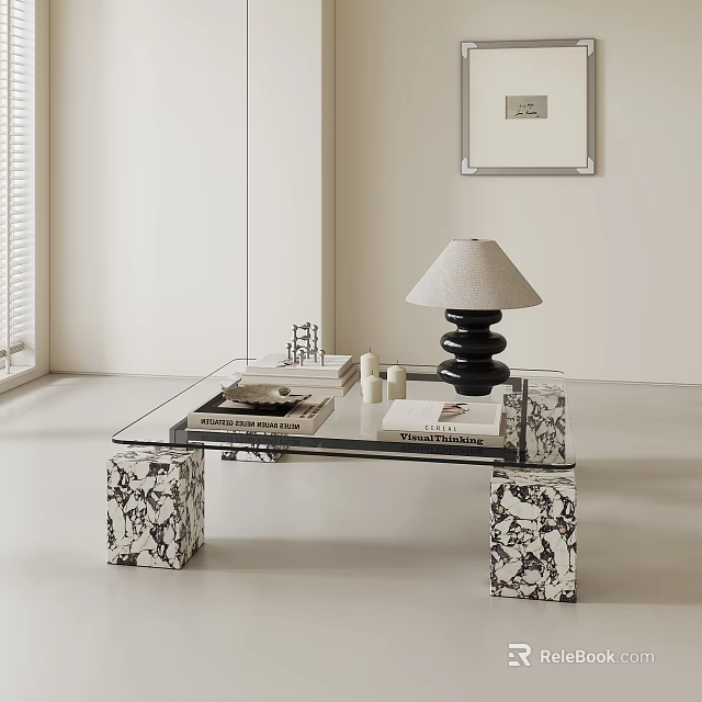 Modern Glass Top Coffee Table With Patterned Legs And Decorative Books In Living Room 3d model 