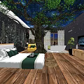 Hotel Room Interior With Starry Sky Ceiling Large Tree Wooden Floor Bed And Bathtub
