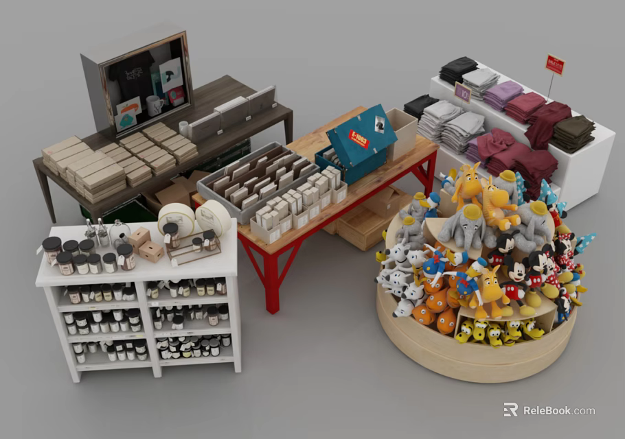 Retail Display Shelves With Stuffed Toys Cups Boxes And Various Merchandise On Racks 3d model 