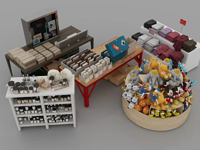 Retail Display Shelves With Stuffed Toys Cups Boxes And Various Merchandise On Racks 3d model