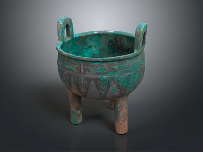 Ancient Bronze Tripod With Green Patina Double Handles Three Legs And Decorative Patterns 3d model