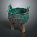 Ancient Bronze Tripod With Green Patina Double Handles Three Legs And Decorative Patterns