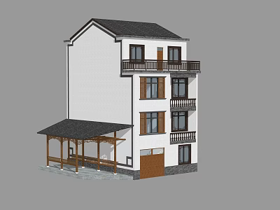Three Story Rural Self Built House With White Exterior Black Roof And Balconies 3d model
