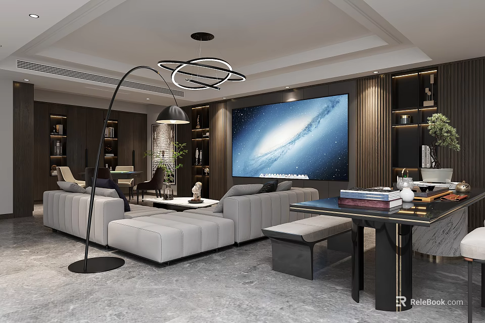 Modern Luxury Living Room Interior With Comfortable Sectional Sofa And Large Wall Mounted TV 3d model 