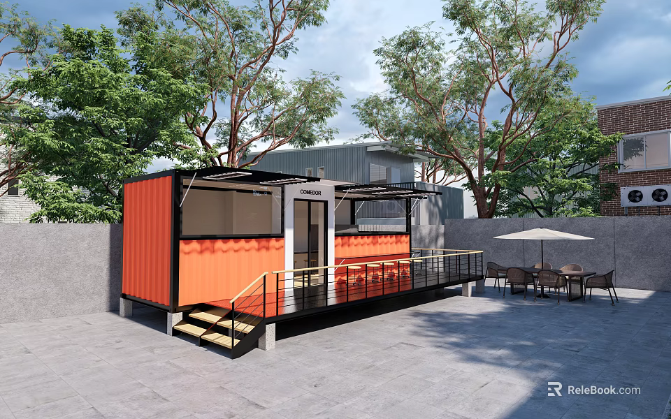 Modern Orange Container Station with Outdoor Tables Chairs Trees and Staircase Railing 3d model 
