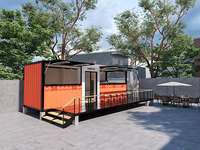 Modern Orange Container Station with Outdoor Tables Chairs Trees and Staircase Railing 3d model