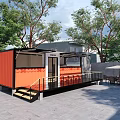Modern Orange Container Station with Outdoor Tables Chairs Trees and Staircase Railing