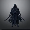 Mystic Blue Hooded Warrior Figure With Tattered Cloak Holding Two Purple Daggers