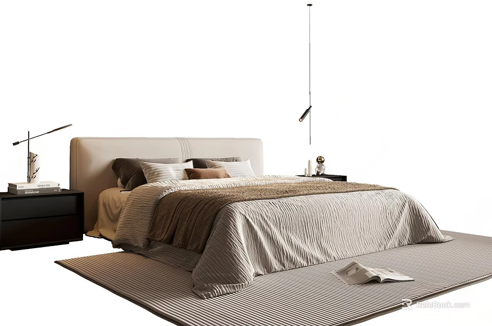 Modern Minimalist Double Bed with Light Headboard Pillows and Striped Bedspread on Cozy Rug 3d model 