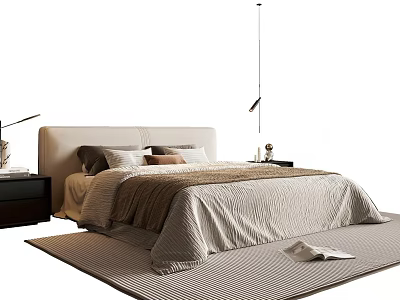 Modern Minimalist Double Bed with Light Headboard Pillows and Striped Bedspread on Cozy Rug 3d model