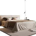 Modern Minimalist Double Bed with Light Headboard Pillows and Striped Bedspread on Cozy Rug