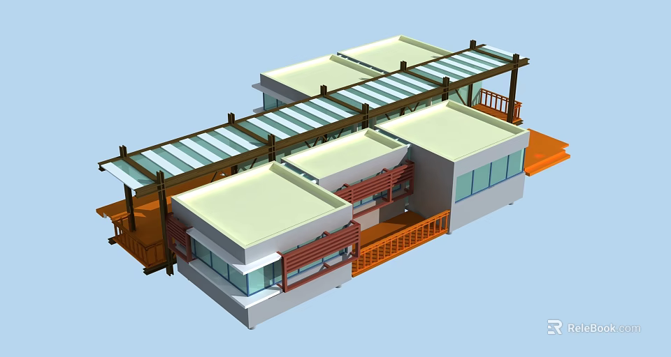 Cartoon Style House Modern Architecture With Glass Roof Wooden Balcony White Walls And Blue Windows 3d model 