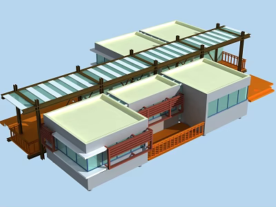 Cartoon Style House Modern Architecture With Glass Roof Wooden Balcony White Walls And Blue Windows 3d model