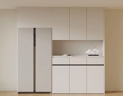 Modern Kitchen Interior With White Built in Refrigerator Freezer And Cabinetry 3d model