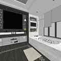 Modern Bathroom Interior With Floral Wall Decor Double Vanity Bathtub And Tiled Floor