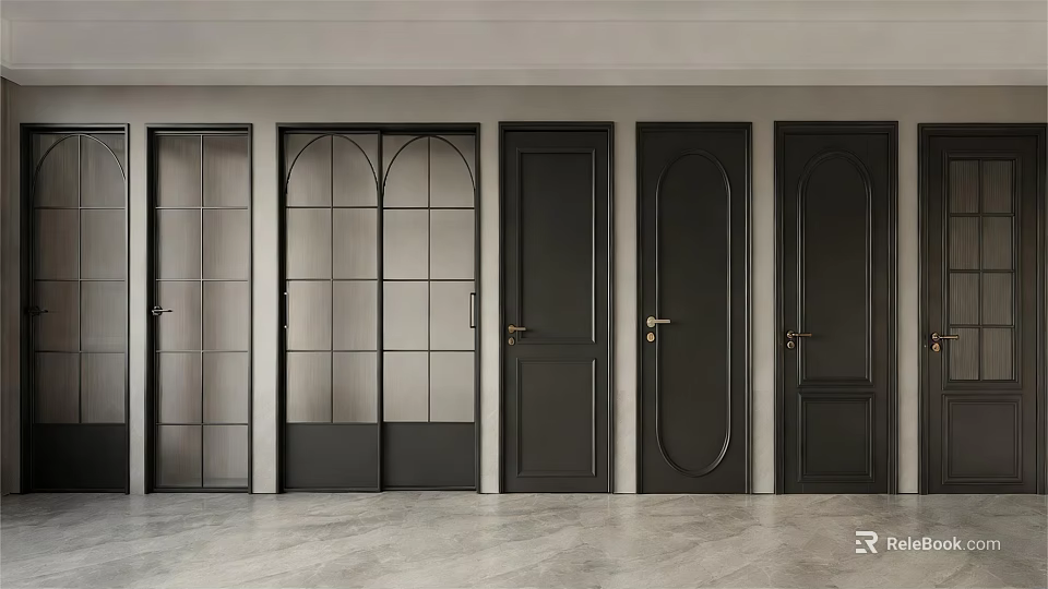 Black Sliding Doors With Various Designs Including Glass Panels And Solid Wood Styles 3d model 