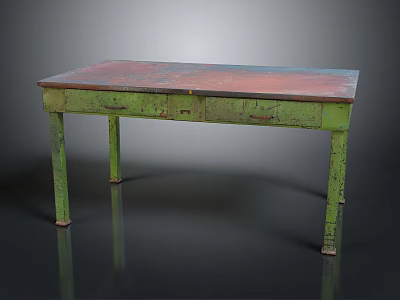 Vintage Wooden Table With Green Legs Red Top And Worn Drawers 3d model
