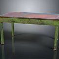 Vintage Wooden Table With Green Legs Red Top And Worn Drawers