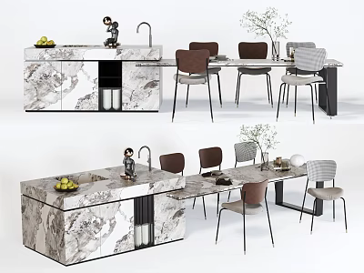 Modern Dining Table Set With Marble Countertop And Mixed Chairs Decorated With Fruits And Plants 3d model