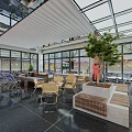 Modern Café Interior Design With Bar Counter Neon Signs Rock Wall Glass Ceiling And Plants
