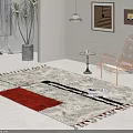 Modern Square Rug With Geometric Red Black White Pattern And Tassels In Living Room