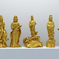 Five Golden Handcrafted Sculptures with Intricate Carving Details and Artistic Poses