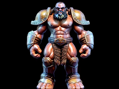 Muscular Bearded Warrior Game Movie Character With Golden Armor And Shirtless Torso 3d model