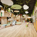 Modern Hotel Lobby Interior With Wooden Elements Green Plants Cloud Decorations Curved Sofa And Bookshelves
