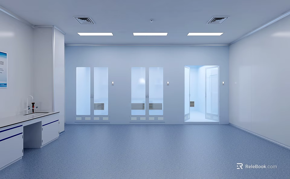 Modern Laboratory Interior Featuring Blue Flooring White Walls Glass Doors White Lab Counters And Faucets 3d model 