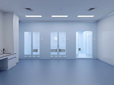 Modern Laboratory Interior Featuring Blue Flooring White Walls Glass Doors White Lab Counters And Faucets 3d model