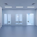 Modern Laboratory Interior Featuring Blue Flooring White Walls Glass Doors White Lab Counters And Faucets