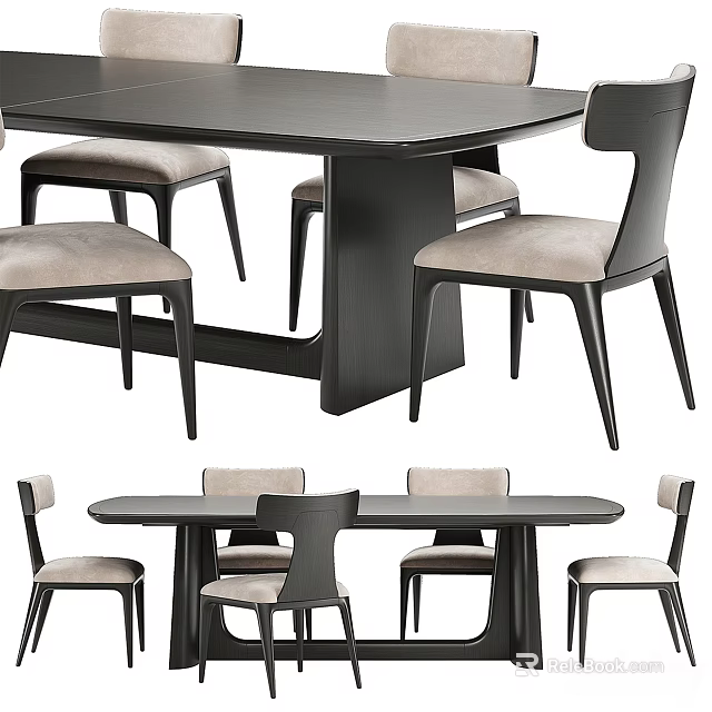 Modern Dining Table Set With Black Tabletop And Light Gray Upholstered Chairs 3d model 