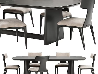 Modern Dining Table Set With Black Tabletop And Light Gray Upholstered Chairs 3d model