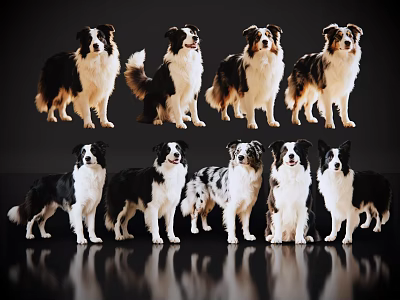Eight Border Collies In Various Poses With Black Background And Shiny Surface 3d model