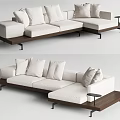 White Sectional Sofa With Plush Cushions And Wooden Base Side Table 3d model