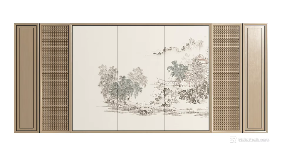 Traditional Chinese Background Wall With Ink Landscape Painting And Textured Side Panels 3d model 