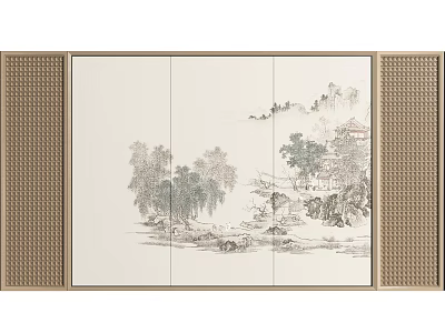 Traditional Chinese Background Wall With Ink Landscape Painting And Textured Side Panels 3d model