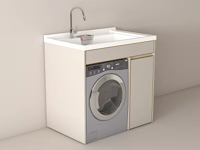 White Modern Laundry Cabinet Unit With Sink Faucet And Washing Machine 3d model