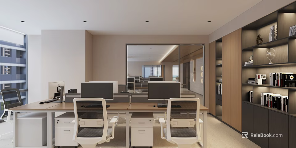 Modern Office Interior With Desks Computers Ergonomic Chairs Storage Cabinets And Mirror 3d model 