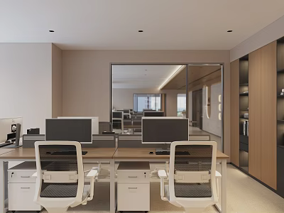 Modern Office Interior With Desks Computers Ergonomic Chairs Storage Cabinets And Mirror 3d model