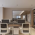 Modern Office Interior With Desks Computers Ergonomic Chairs Storage Cabinets And Mirror