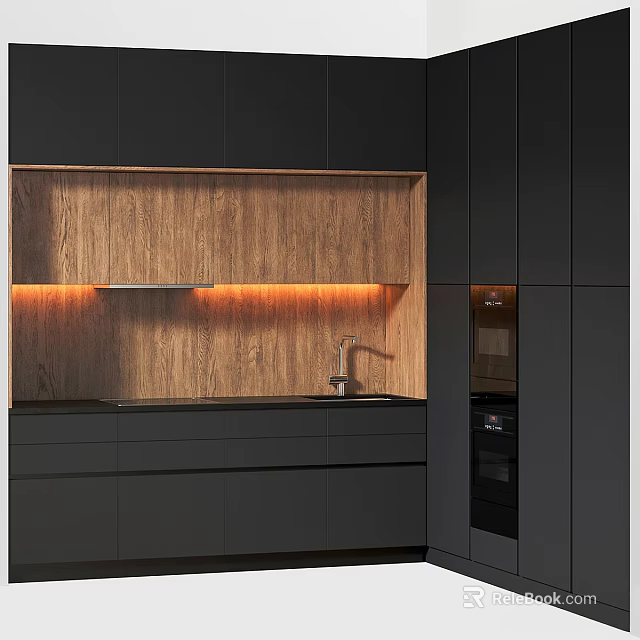 Elegant Modern Kitchen Interior With Black Cabinets And Wooden Backsplash Lighting 3d model 
