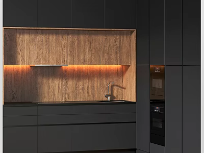 Elegant Modern Kitchen Interior With Black Cabinets And Wooden Backsplash Lighting 3d model