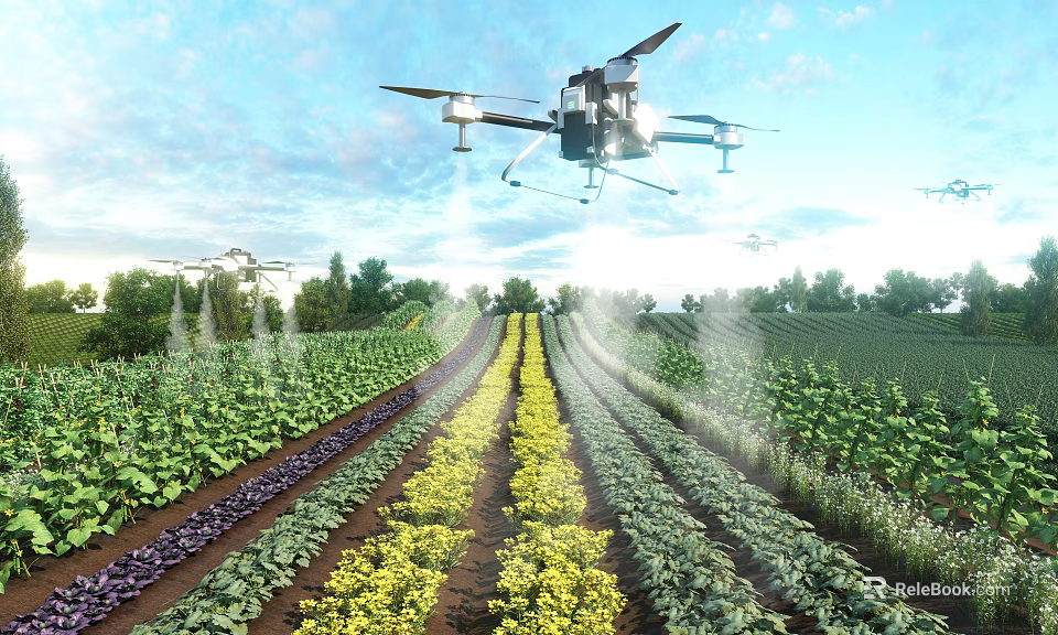 Scenic Farmland With Neat Crop Rows Various Colored Crops And Drones Spraying Under Blue Sky 3d model 